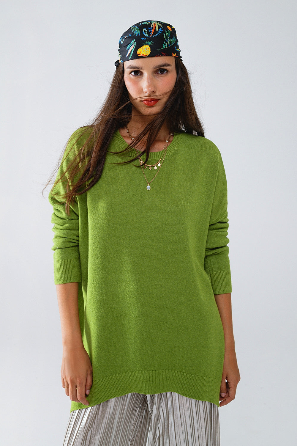 Oversized Crew Neck Long Sleeve Sweater in Olive Green