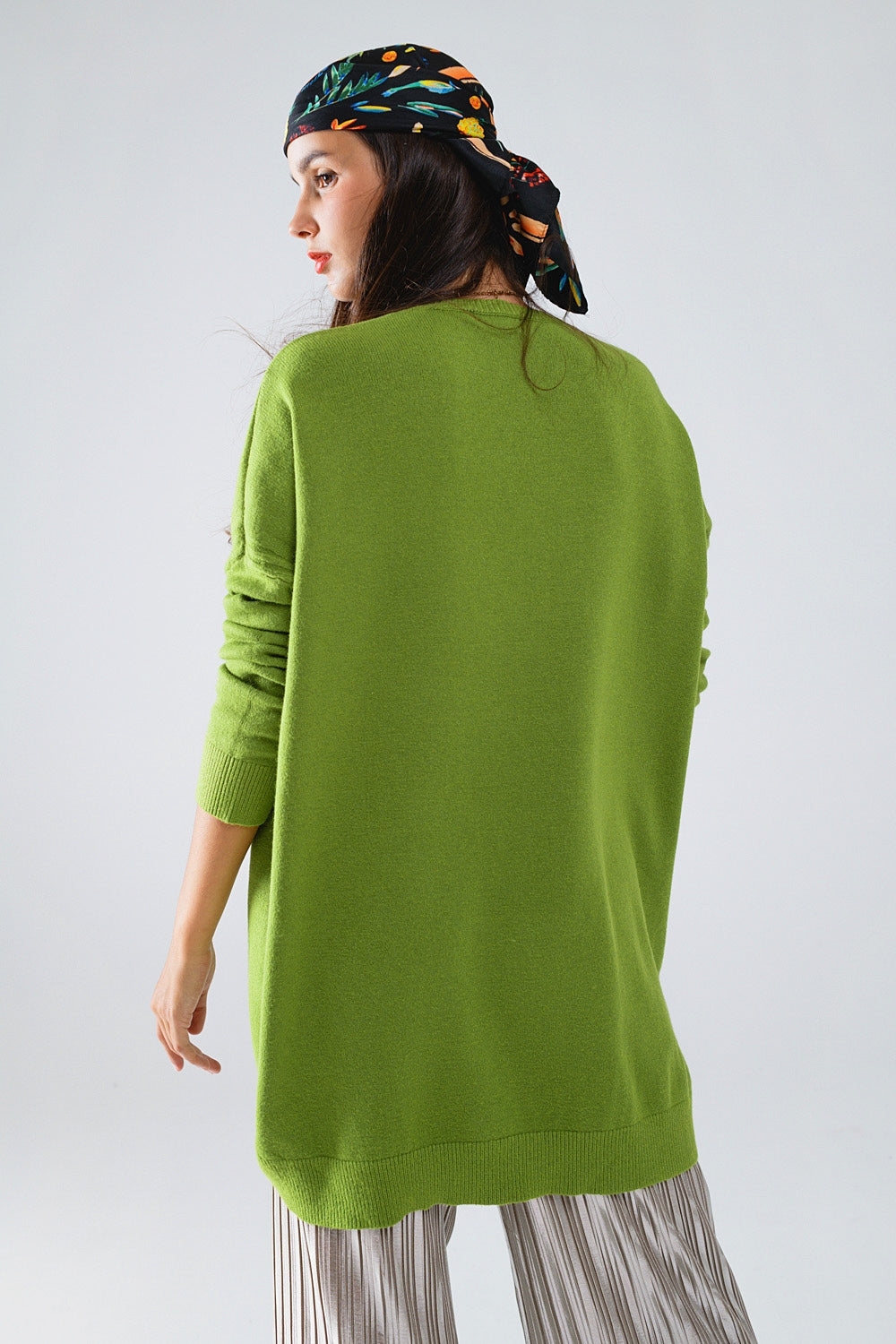 Oversized Crew Neck Long Sleeve Sweater in Olive Green