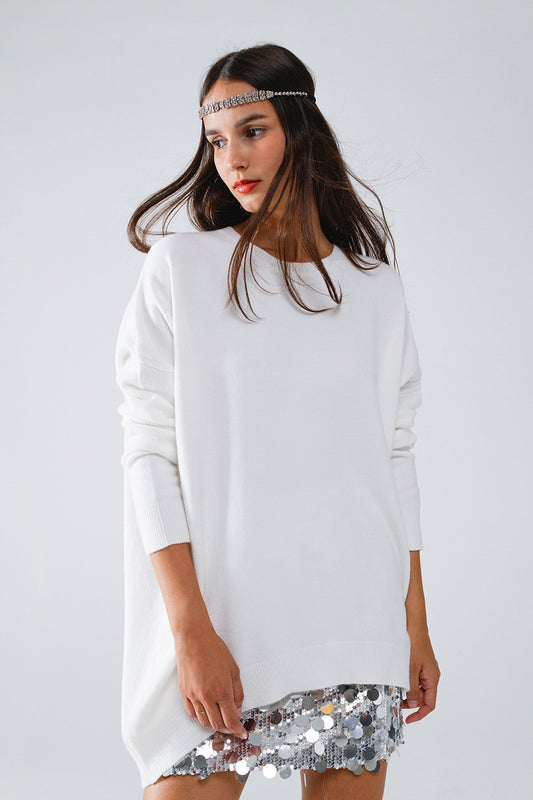 Oversized Crew Neck Long Sleeve Sweater in White