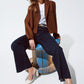 Q2 Oversized Cropped Blazer Vichy Design And Metallic Details In Brown