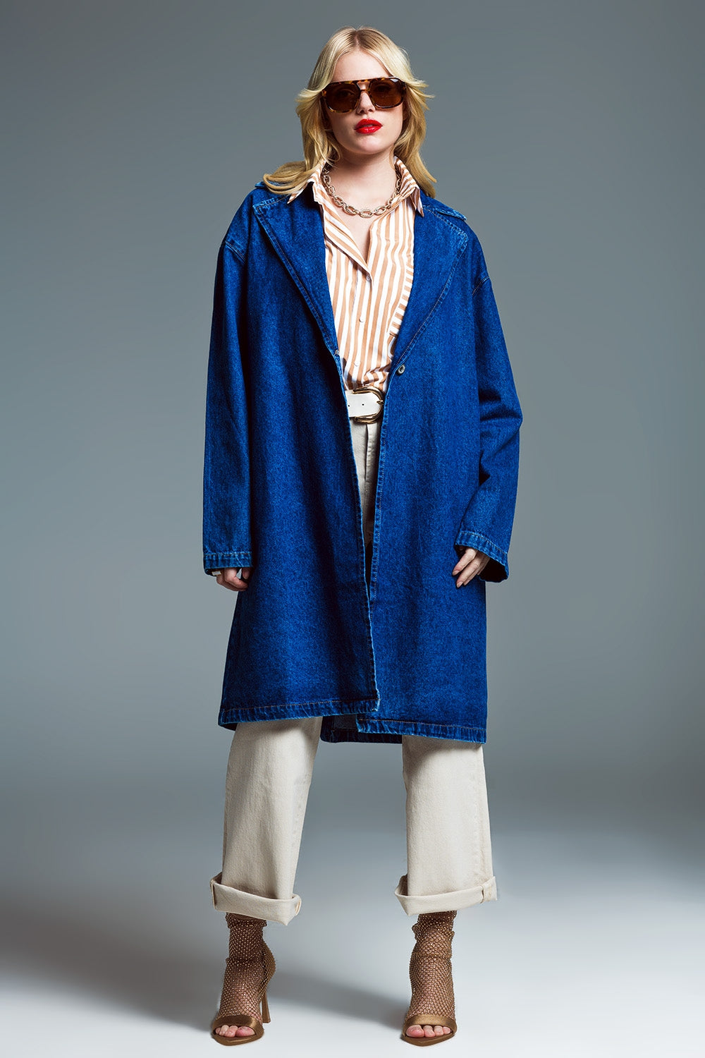 Q2 Oversized Denim Coat With Wide Collar in Mid Wash