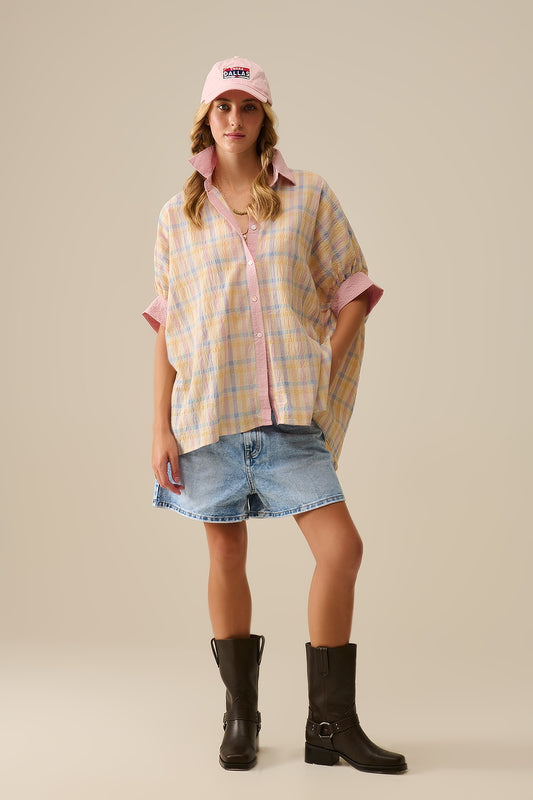 Oversized Flowy Blouse with Checked Contrast