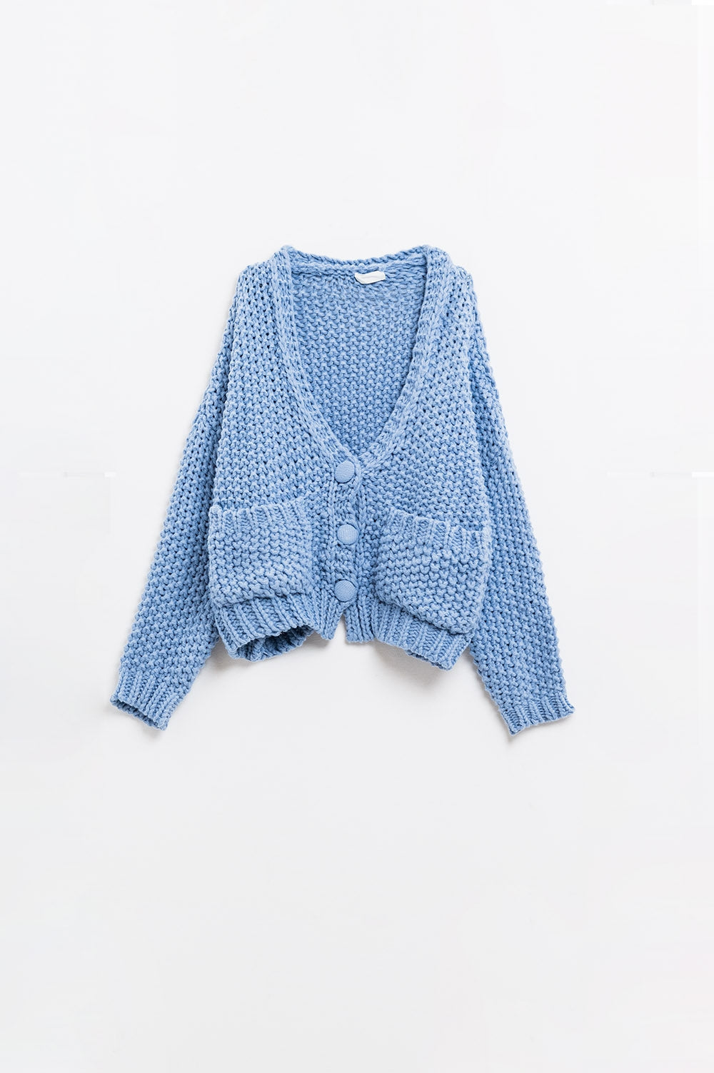 Q2 Oversized light blue chunky knit jacket with pockets