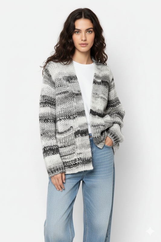 Oversized mottled striped long cardigan with pockets in Black