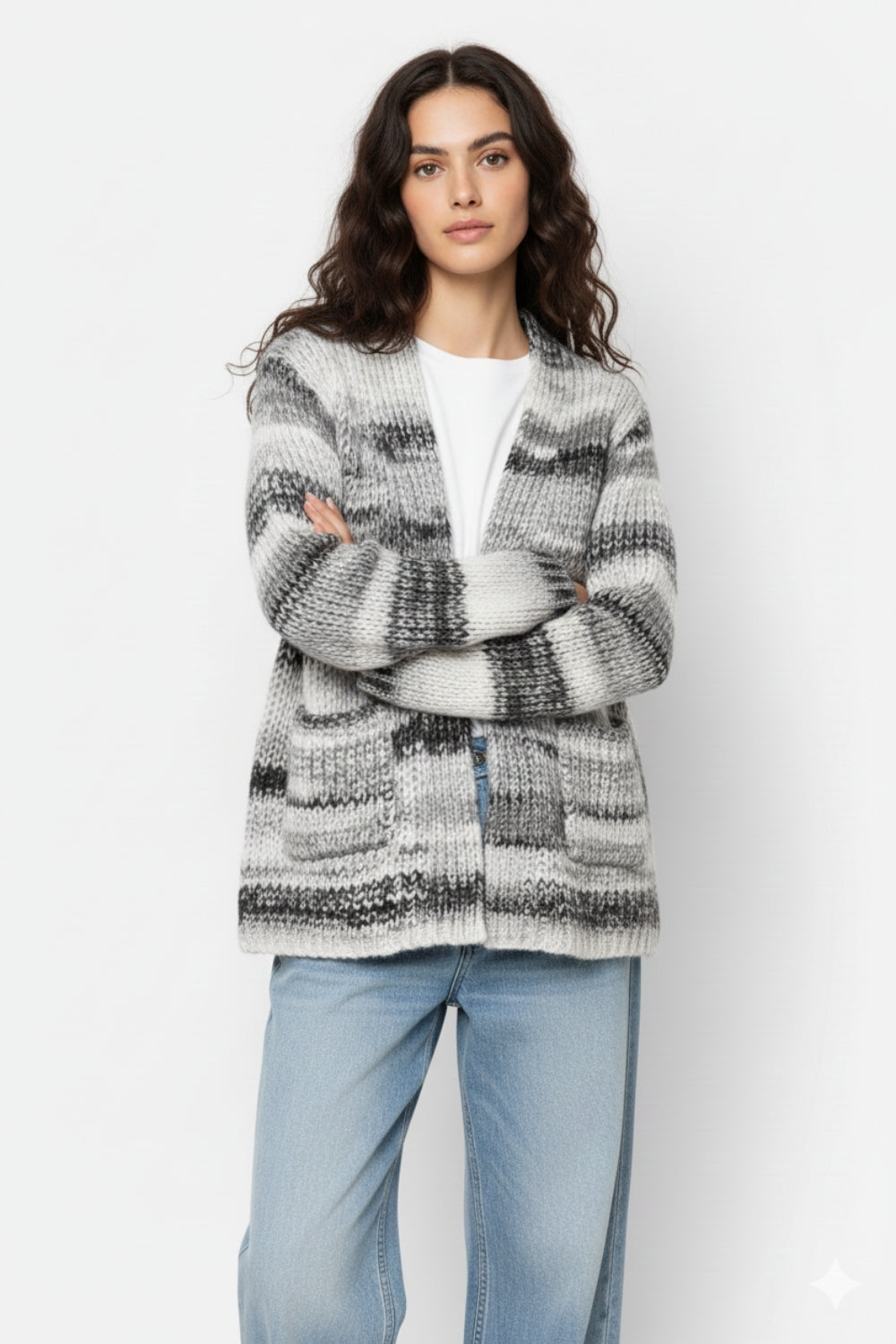 Oversized mottled striped long cardigan with pockets in Black