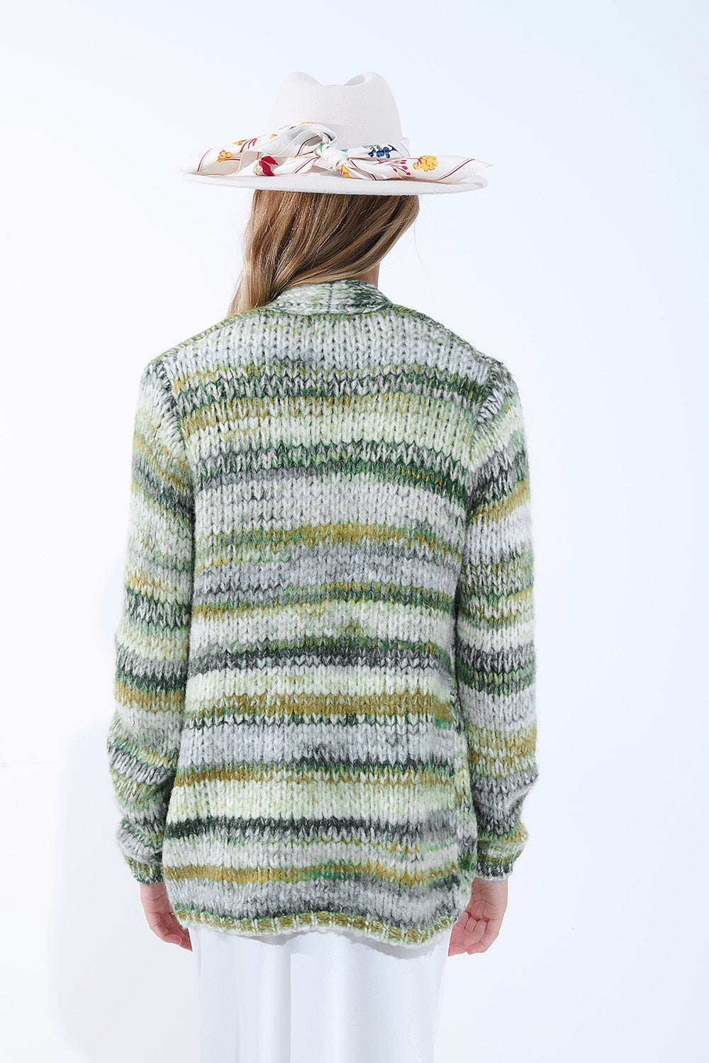 Oversized mottled striped long cardigan with pockets in Green