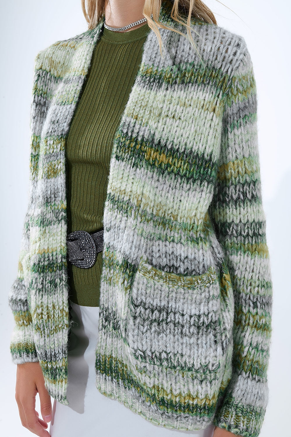 Oversized mottled striped long cardigan with pockets in Green