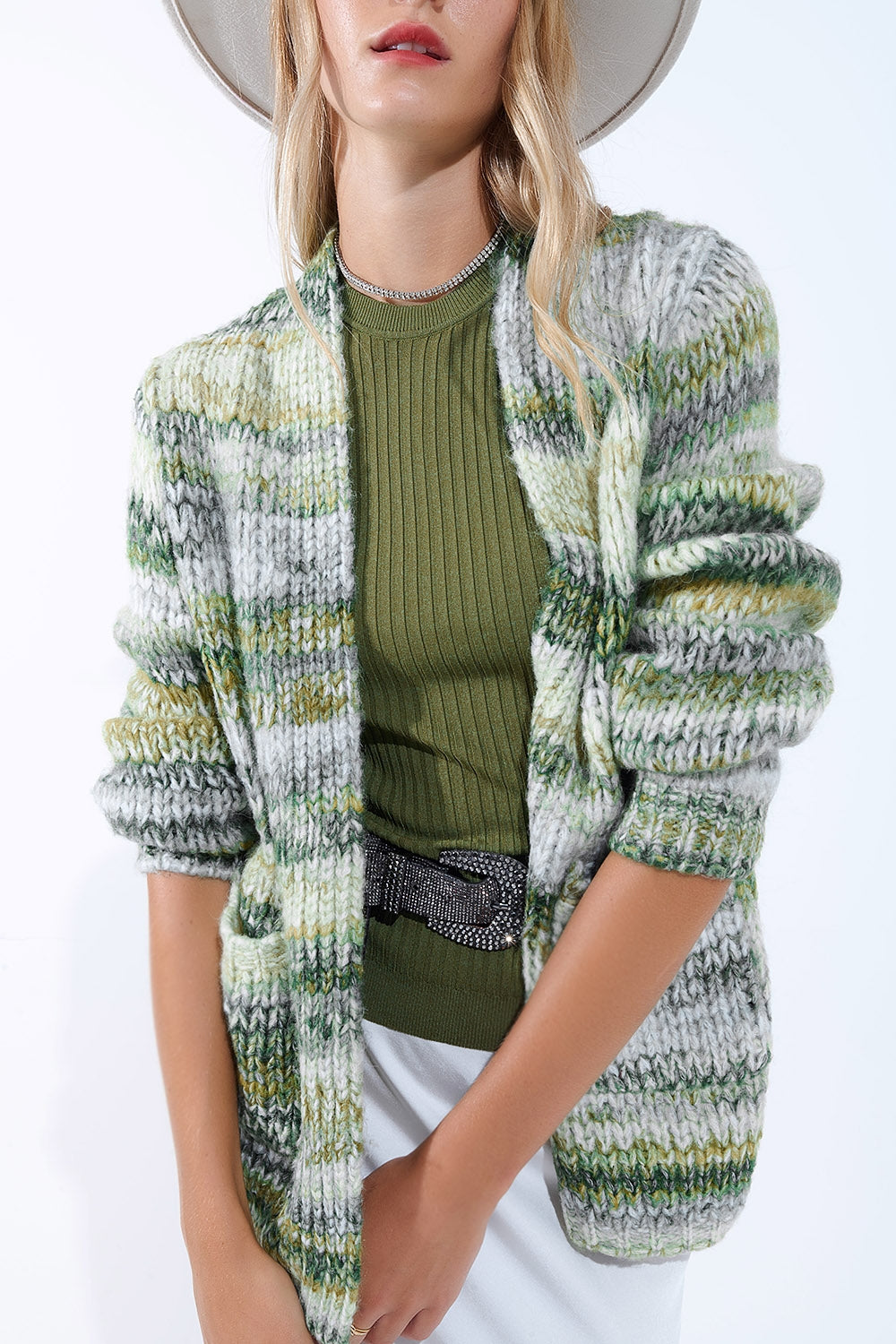 Oversized mottled striped long cardigan with pockets in Green
