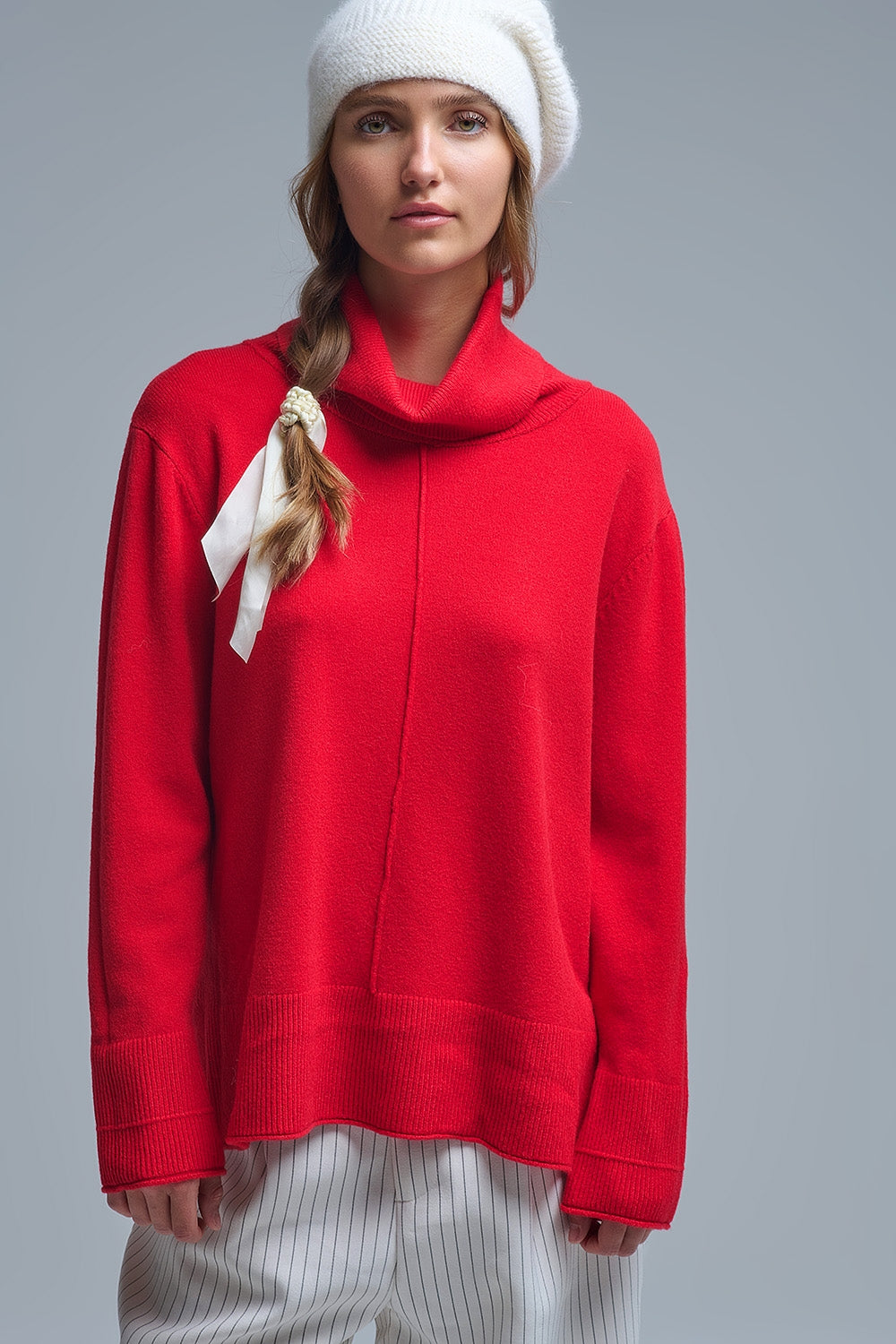 Q2 Oversized Roll Neck Sweater in Red