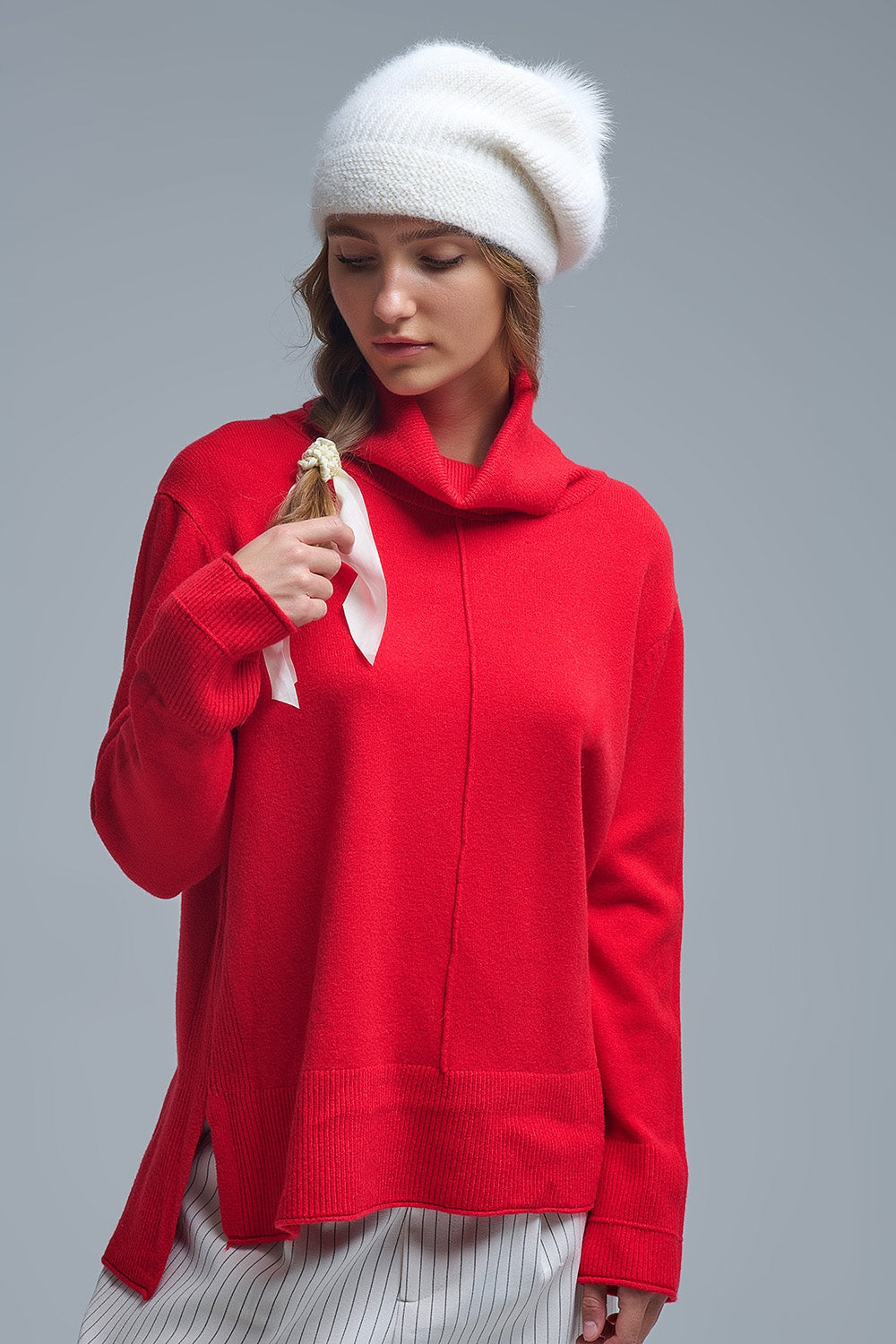 Oversized Roll Neck Sweater in Red