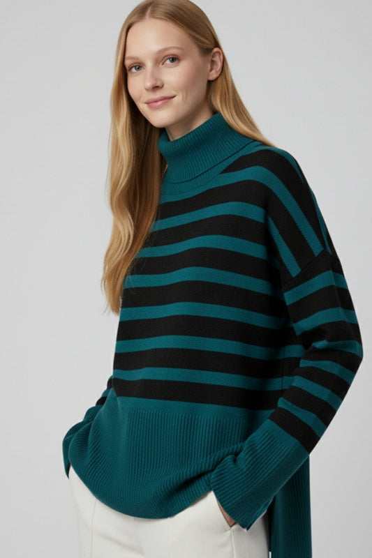 oversized turtleneck sweater with black stripes and splits on the side