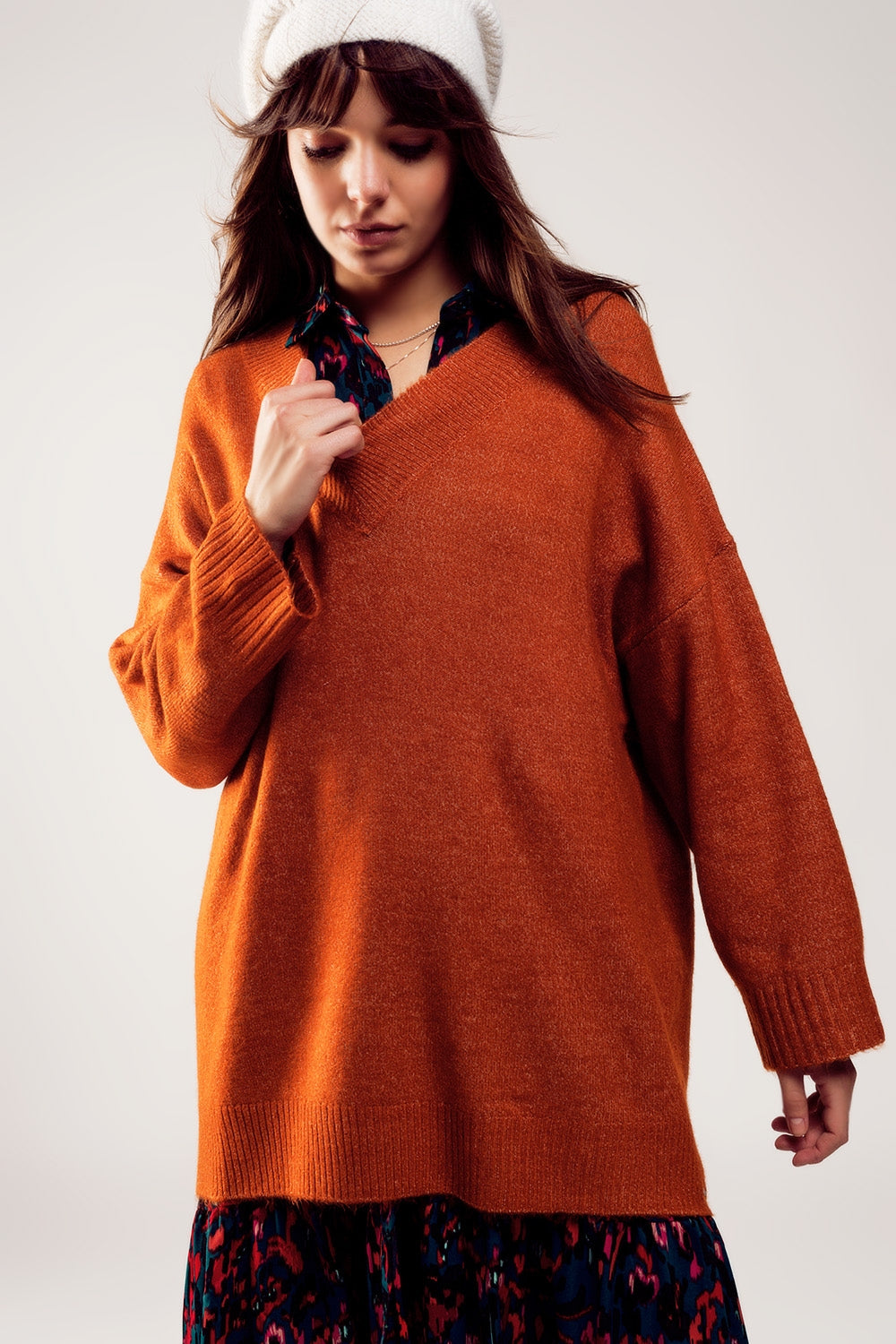 Oversized v neck sweater dress in orange