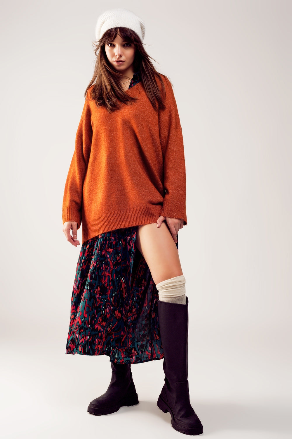 Oversized v neck sweater dress in orange