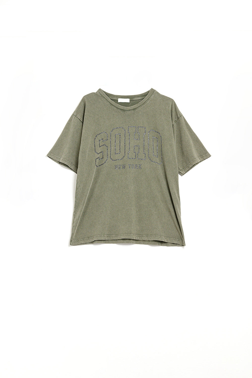 Q2 Oversized Washed Khaki Green T-shirt With Soho New York At The Front