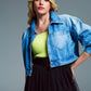 Q2 Ovesized cropped denim jacket with zip fastening and high collar