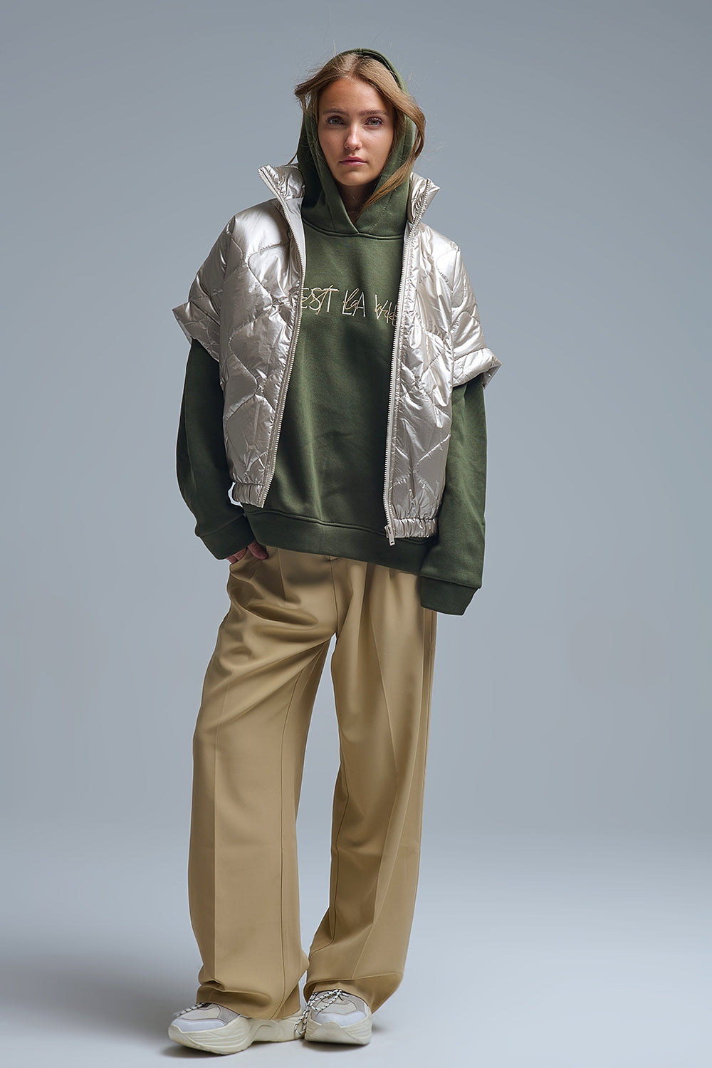 padded down jacket in gold with Cap Sleeve