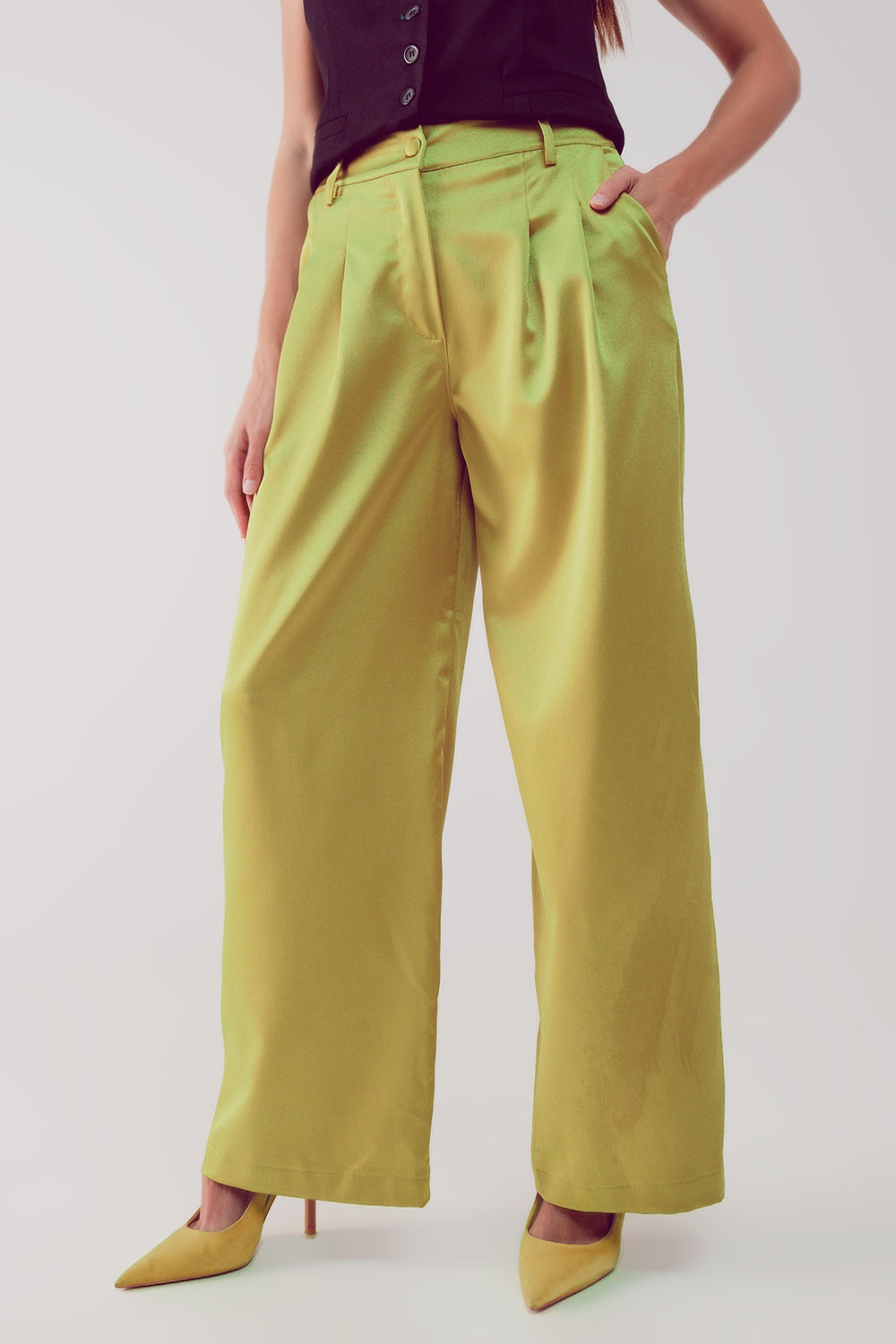 Q2 Palazzo pleated pants in acid lime