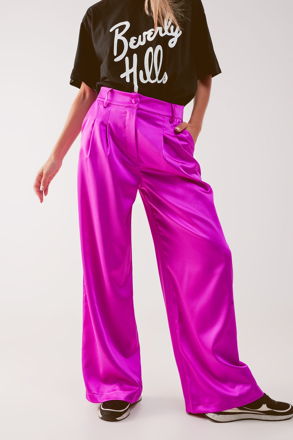 Pantalón palazzo fucsia plisado