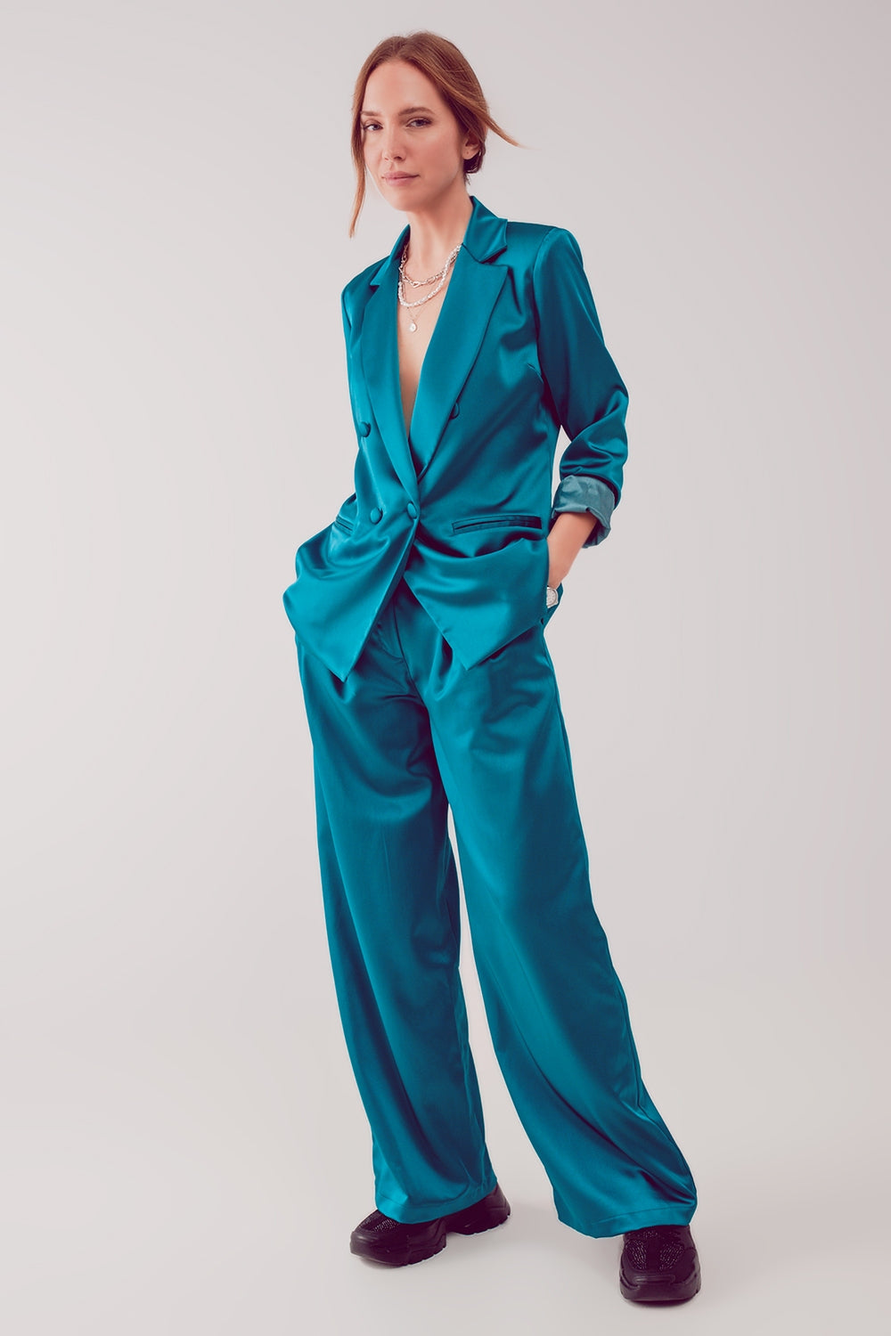 Palazzo pleated pants in turquoise