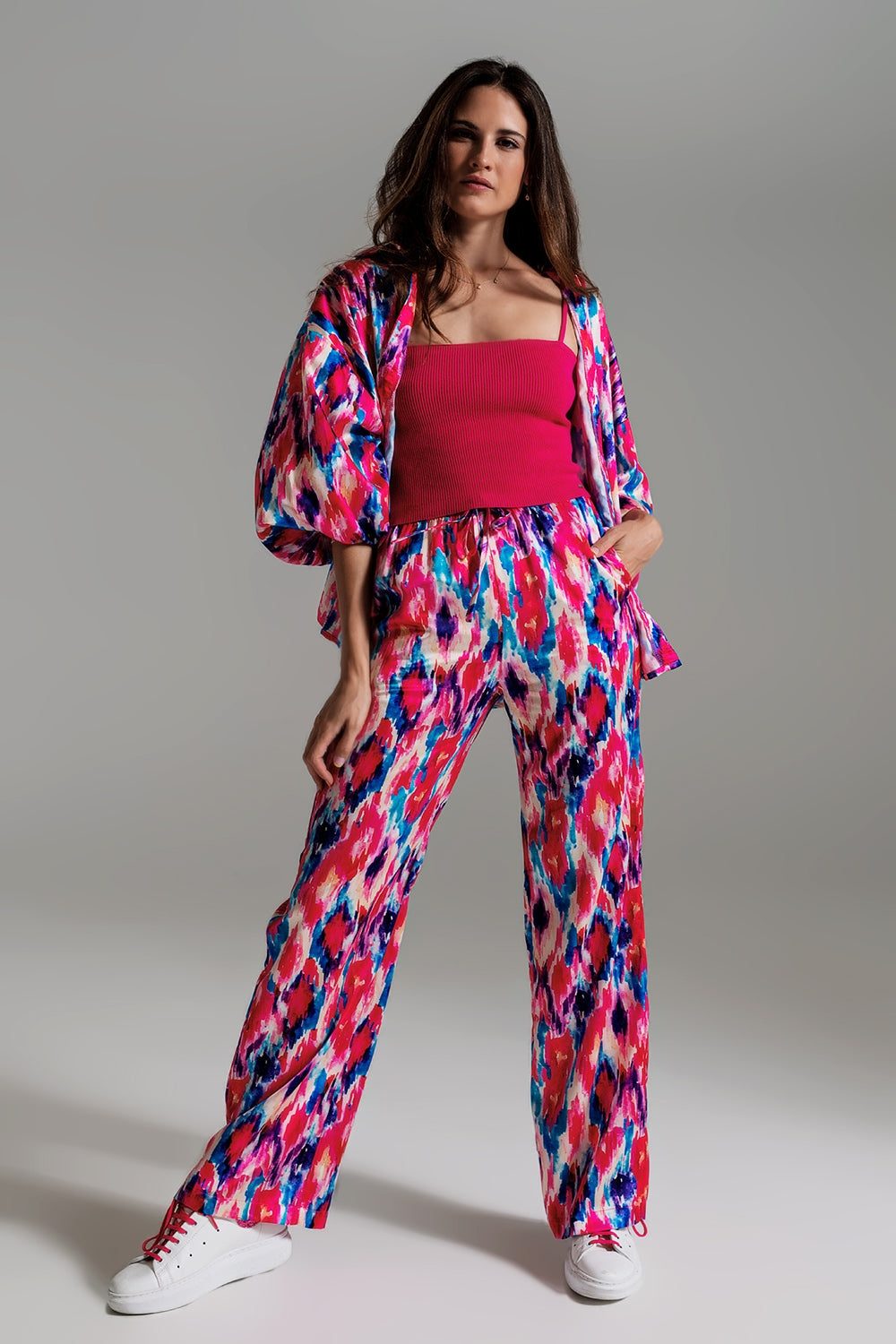 Palazzo Style Pants in Abstract Pink and Blue Print