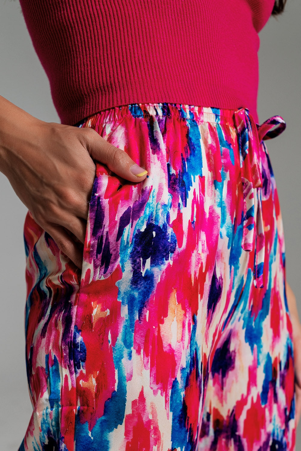 Palazzo Style Pants in Abstract Pink and Blue Print