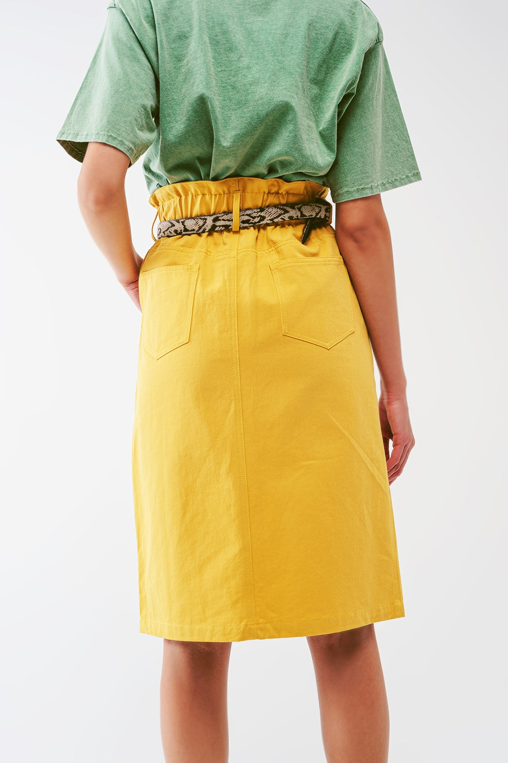 Paper Bag Waist Straight Skirt With Front Slit in Yellow