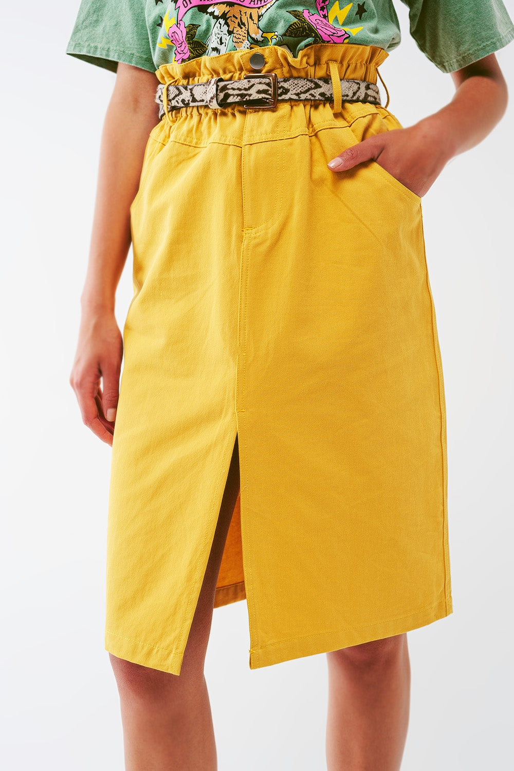 Paper Bag Waist Straight Skirt With Front Slit in Yellow