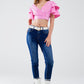 Pink Crop Top With Short Sleeves And V-neck