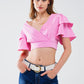 Pink Crop Top With Short Sleeves And V-neck