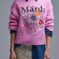 Q2 Pink Embroidered Mardi Sweater With Flowers