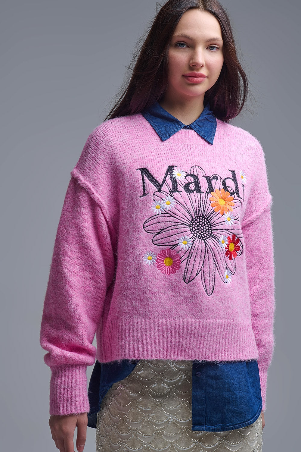 Pink Embroidered Mardi Sweater With Flowers