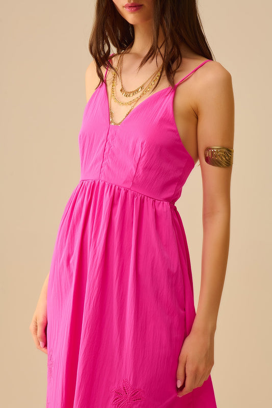 Fucshia maxi dress with embroidered palms