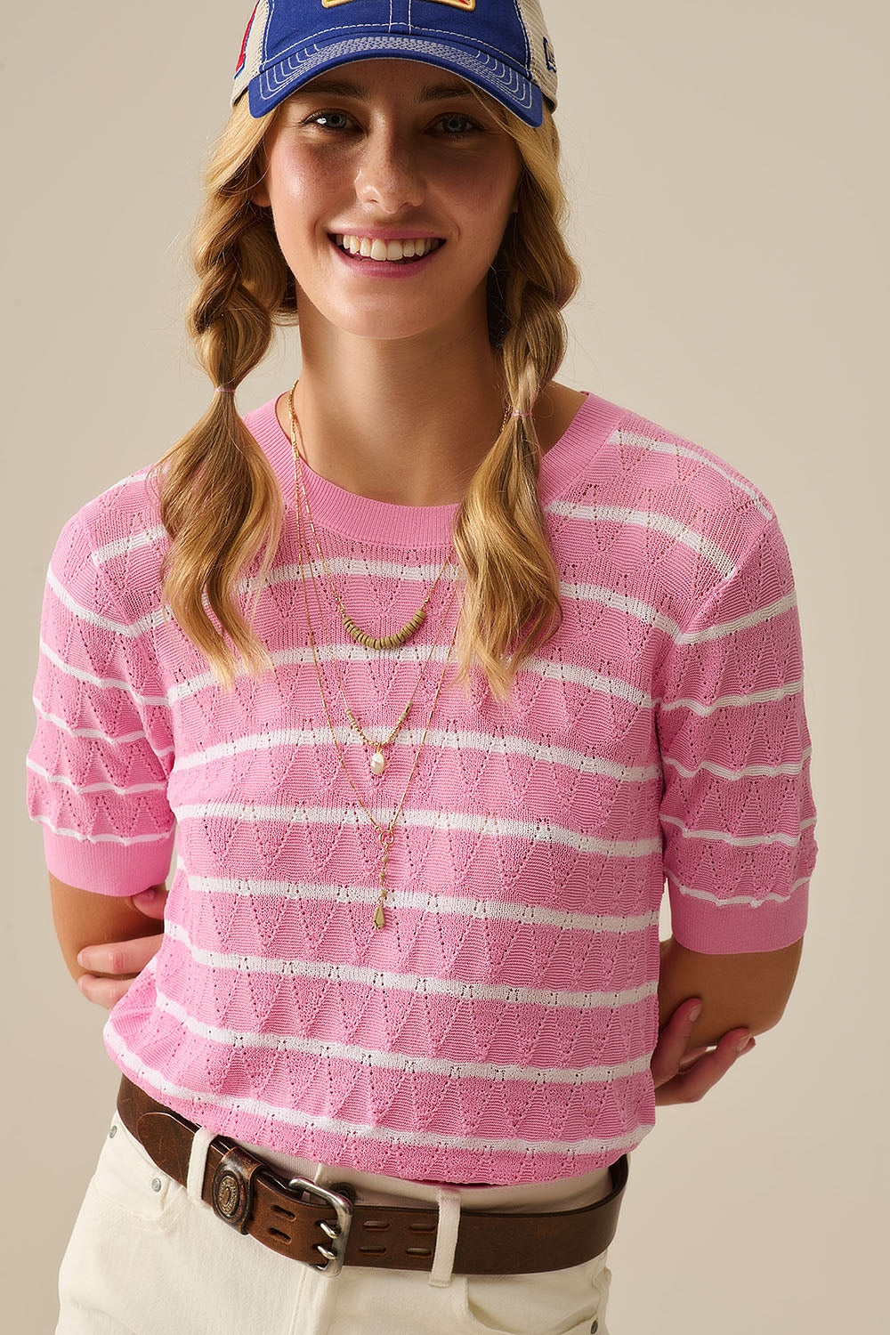 Q2 Pink Openwork Knit Top with Short Sleeves and White Stripes