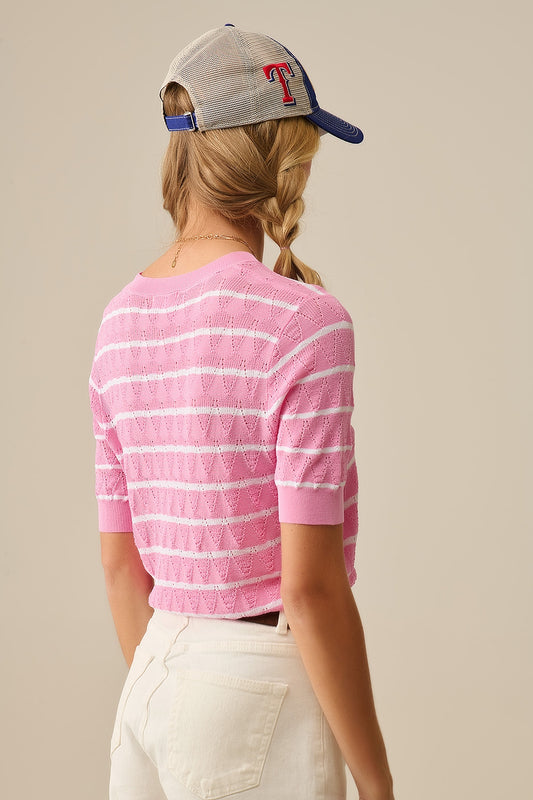 Pink Openwork Knit Top with Short Sleeves and White Stripes