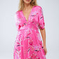 Q2 Pink Short Dress With Flower Print And V-neckline