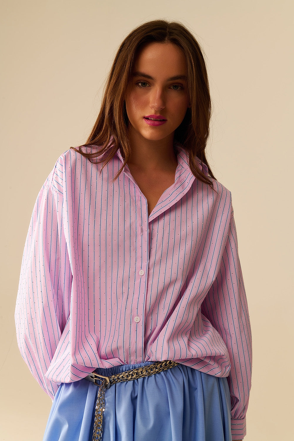 Q2 Pink striped poplin shirt embellished with strass
