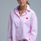 Pink Striped shirt with red heart embroidery