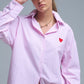 Pink Striped shirt with red heart embroidery