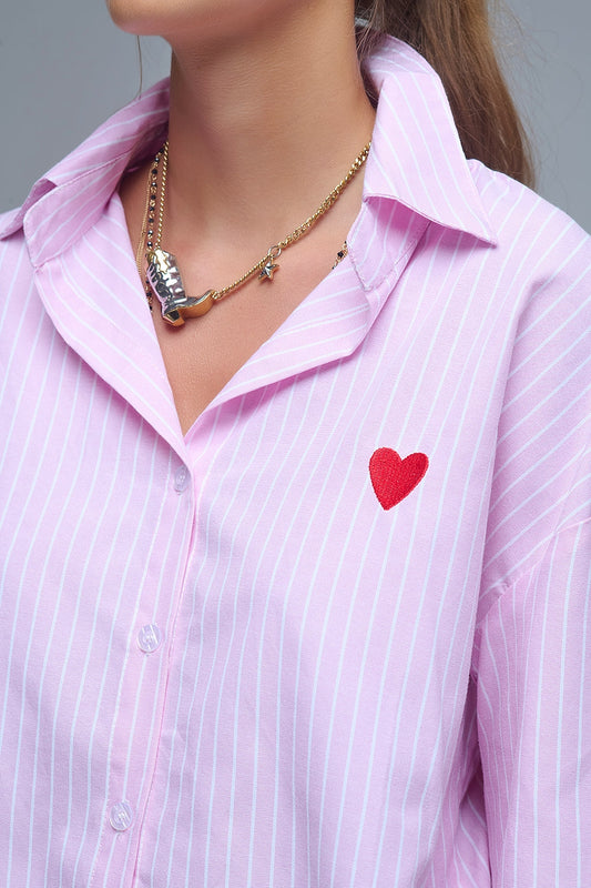 Pink Striped shirt with red heart embroidery
