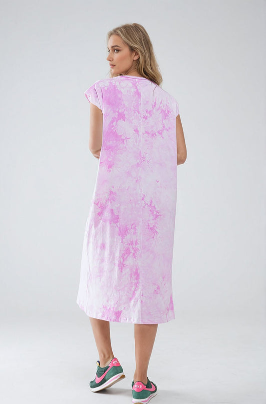 Vestido camisero midi con efecto tie dye en color rosa