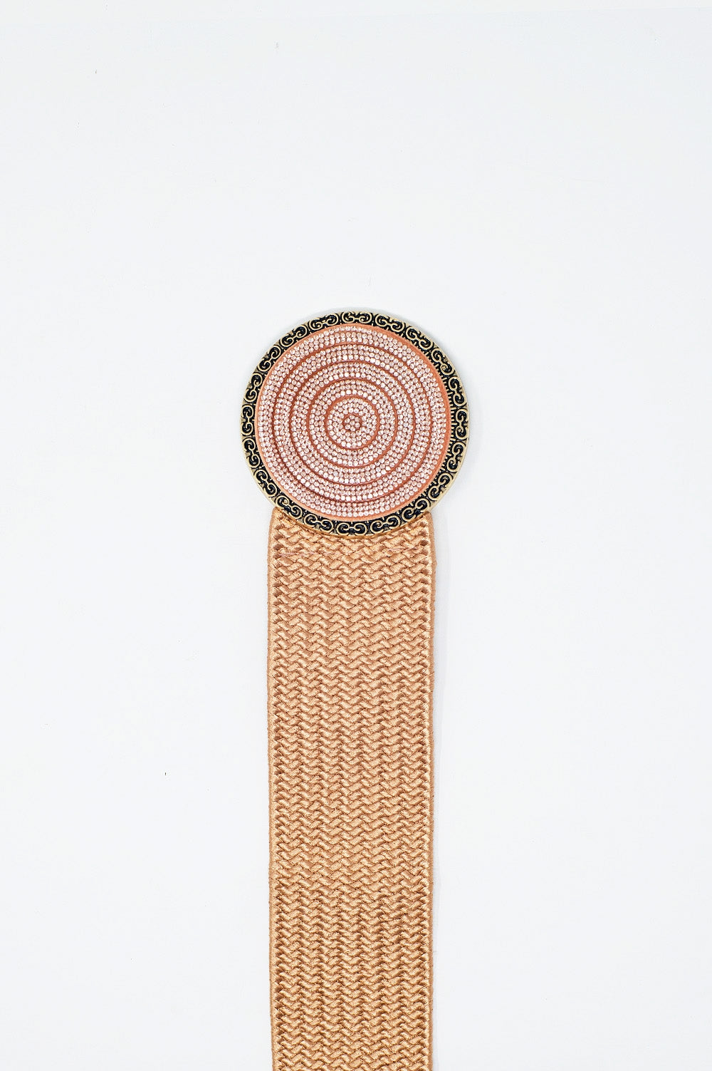 Pink woven belt with round buckle with rhinestones