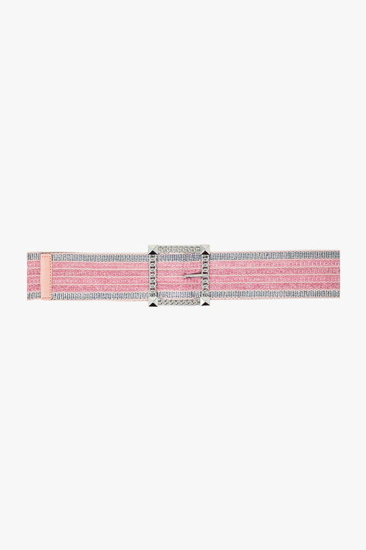 Q2 Pink woven wide belt with Squared buckle with silver embeliishments