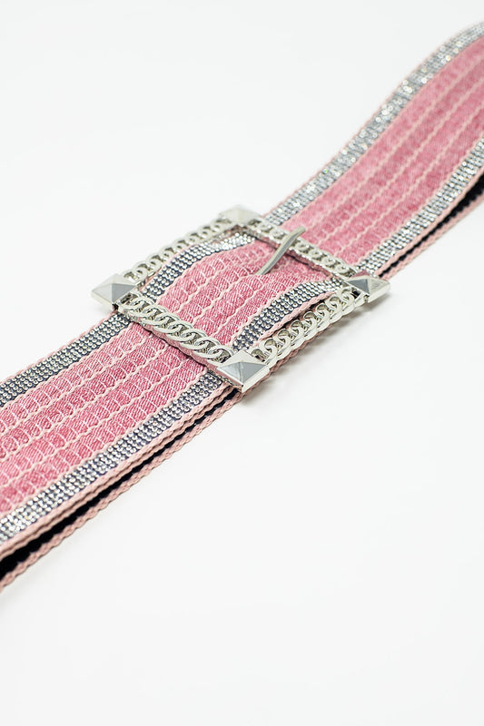 Cinturón ancho tejido rosa con hebilla cuadrada con adornos plateados