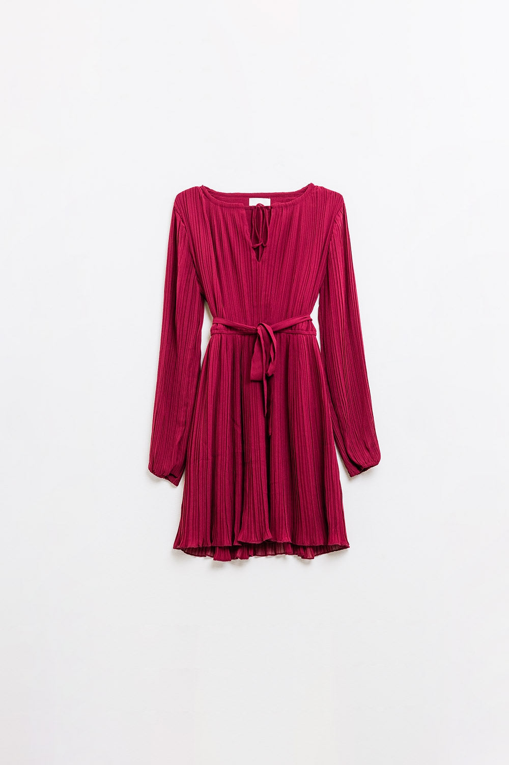 pleated chiffon dress in burgundy