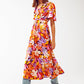 Pleated Maxi V Neck Dress in Multicolour