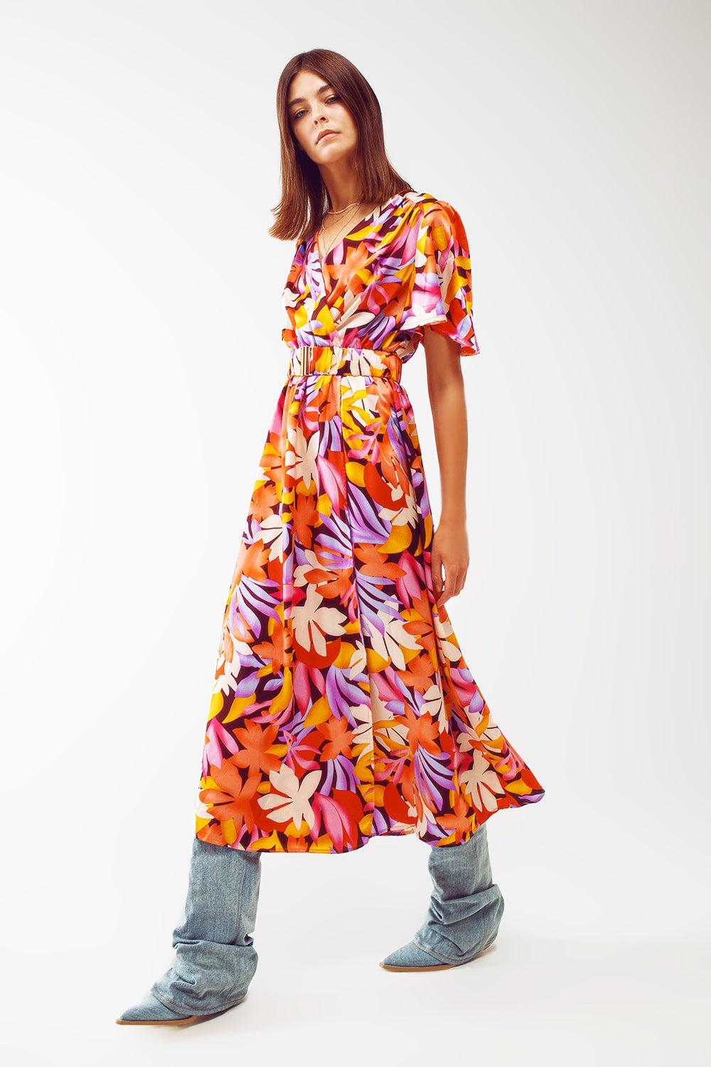 Pleated Maxi V Neck Dress in Multicolour