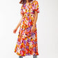 Pleated Maxi V Neck Dress in Multicolour