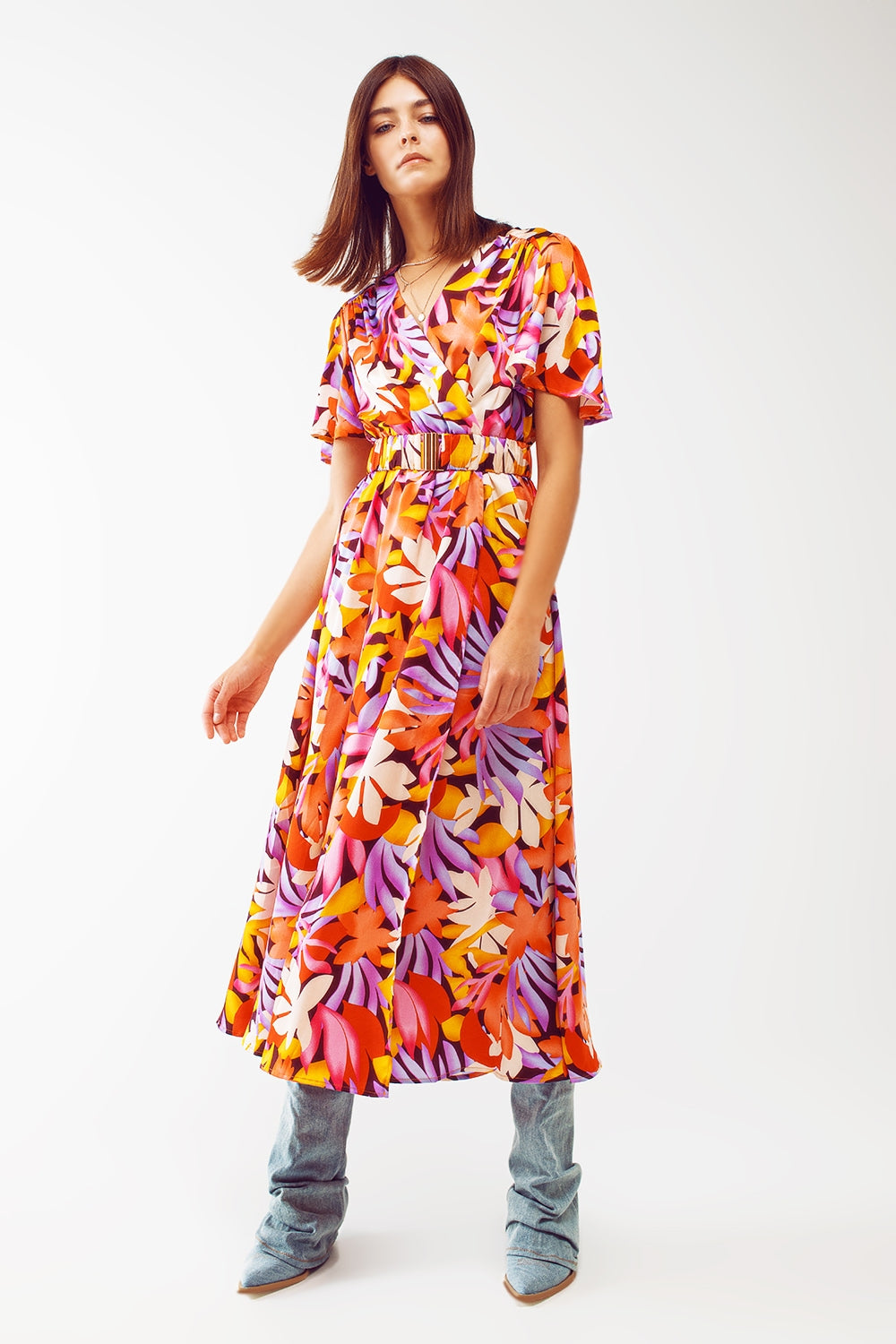 Pleated Maxi V Neck Dress in Multicolour