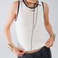 Pointelle White Sleeveless Top With Black and White Trim Detail