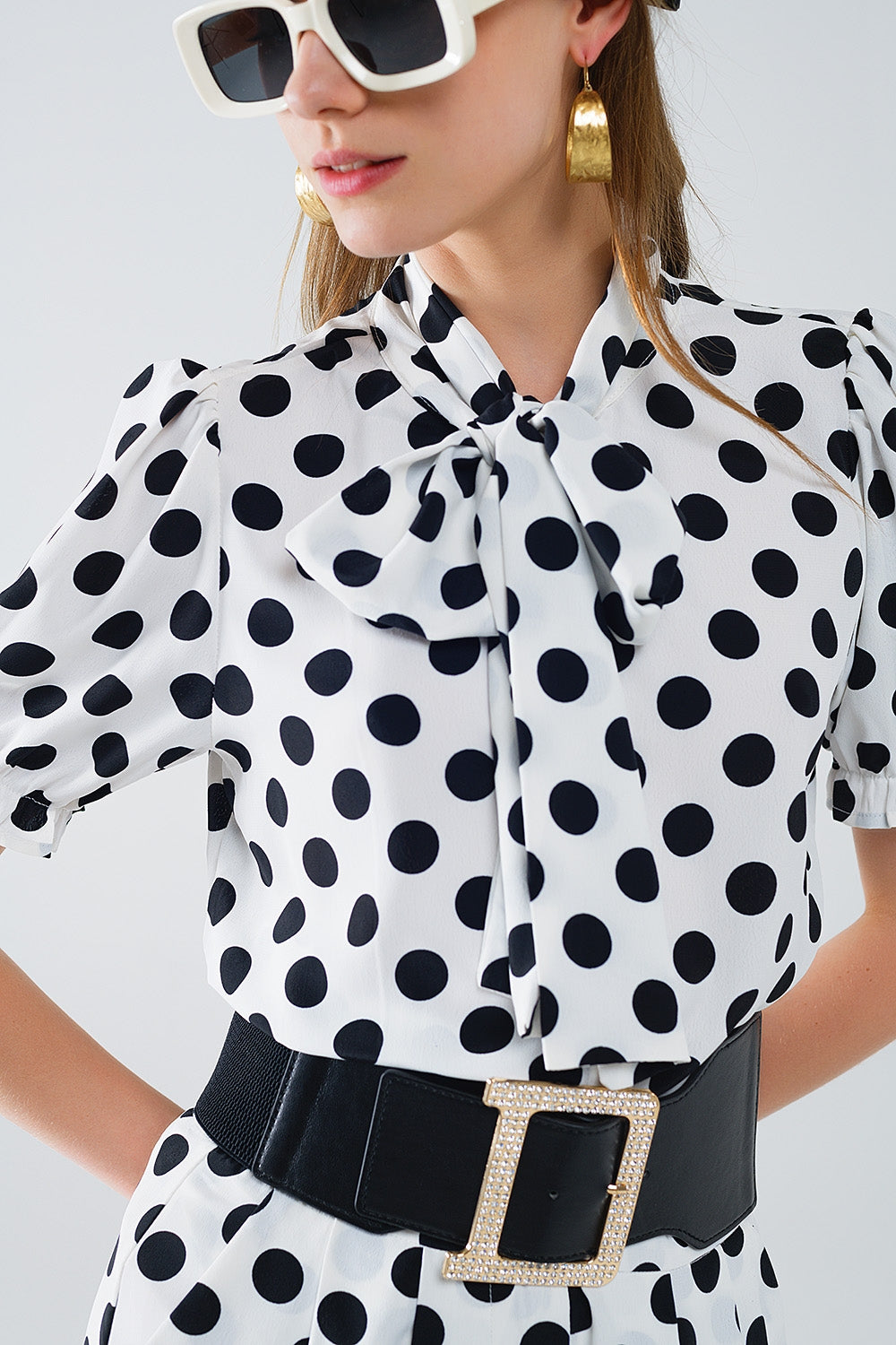 Polka dot blouse with scarf tie detail